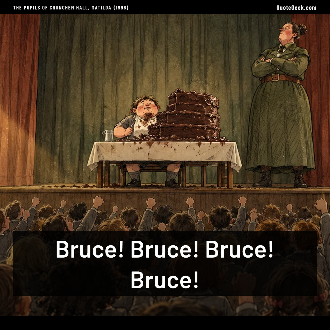 “Bruce! Bruce! Bruce! Bruce!” — The pupils of Crunchem Hall, Matilda (1996). Illustrated QuoteGeek card.