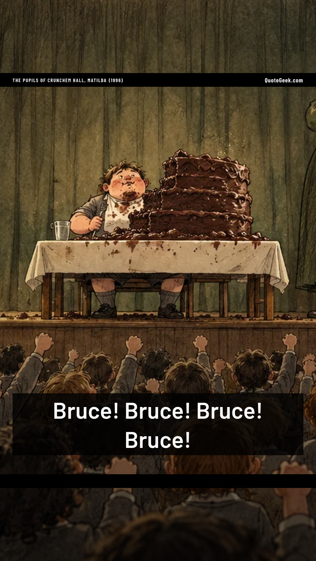 “Bruce! Bruce! Bruce! Bruce!” — The pupils of Crunchem Hall, Matilda (1996). Illustrated QuoteGeek card.