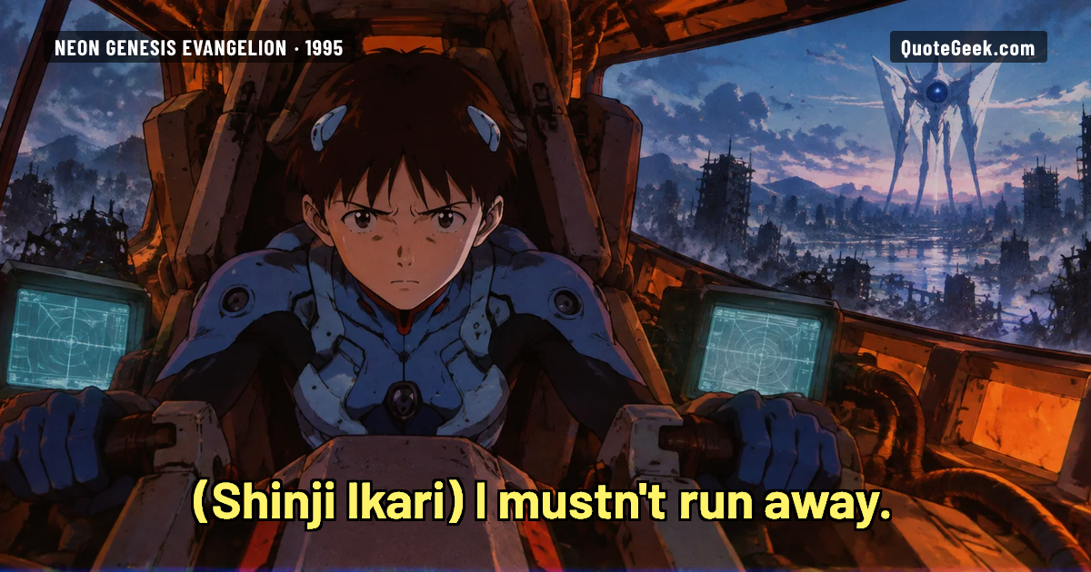 “I mustn't run away.” — Shinji Ikari · Neon Genesis Evangelion. Illustrated QuoteGeek card.