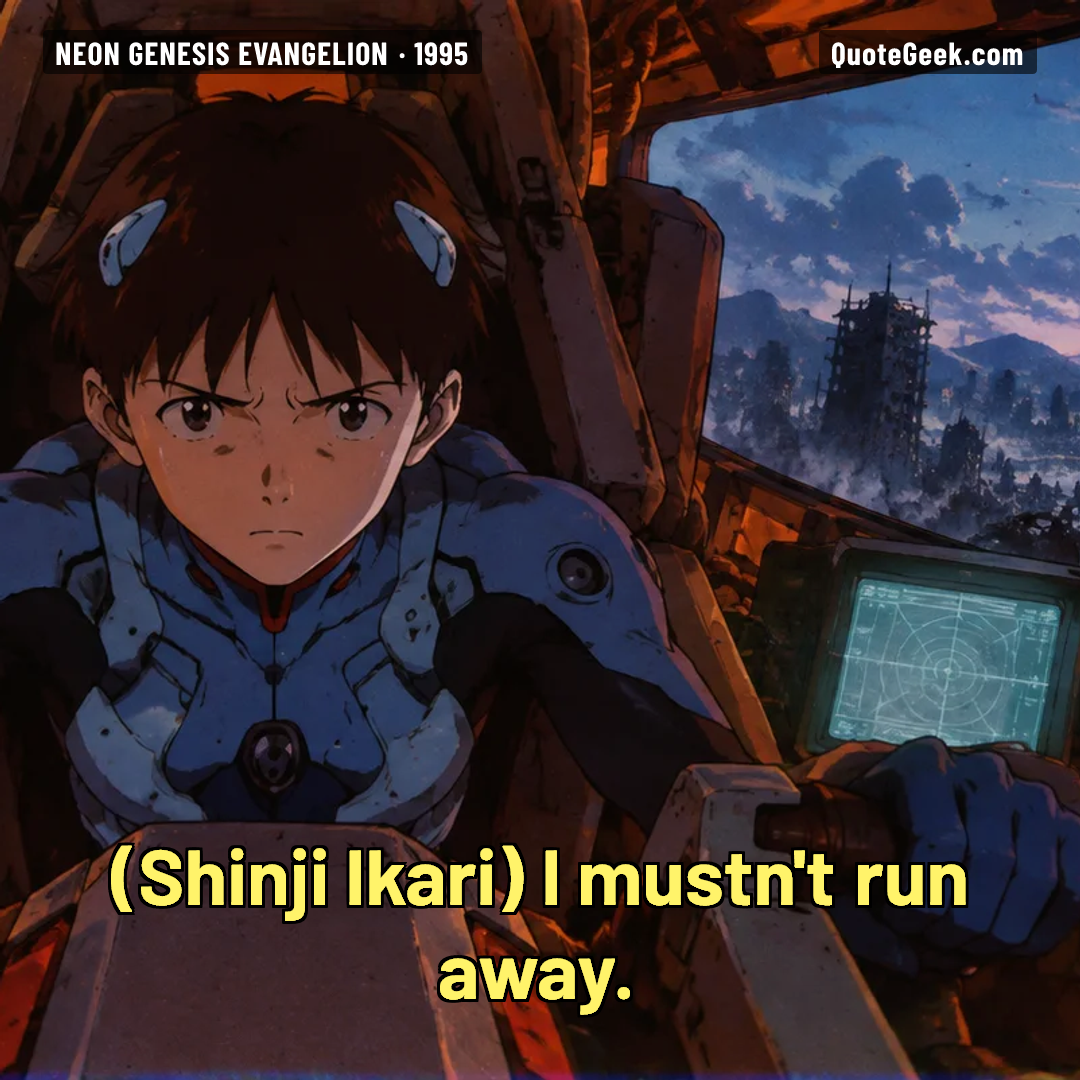 “I mustn't run away.” — Shinji Ikari · Neon Genesis Evangelion. Illustrated QuoteGeek card.