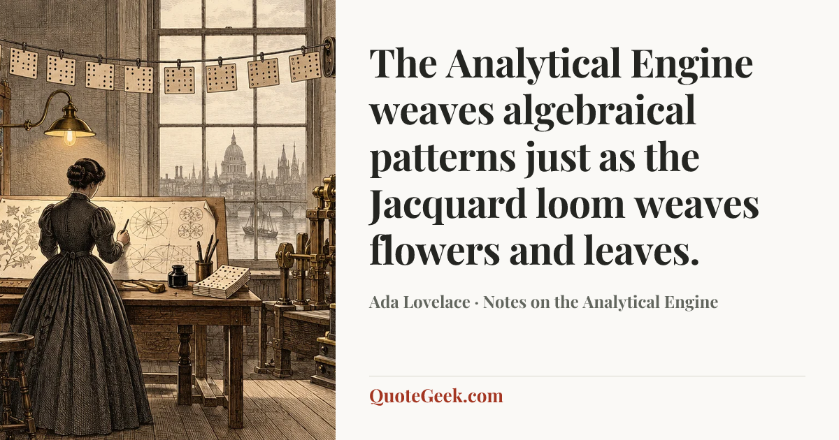 “The Analytical Engine weaves algebraical patterns just as the Jacquard loom weaves flowers and leaves.” — Ada Lovelace · Notes on the Analytical Engine. Illustrated QuoteGeek card.