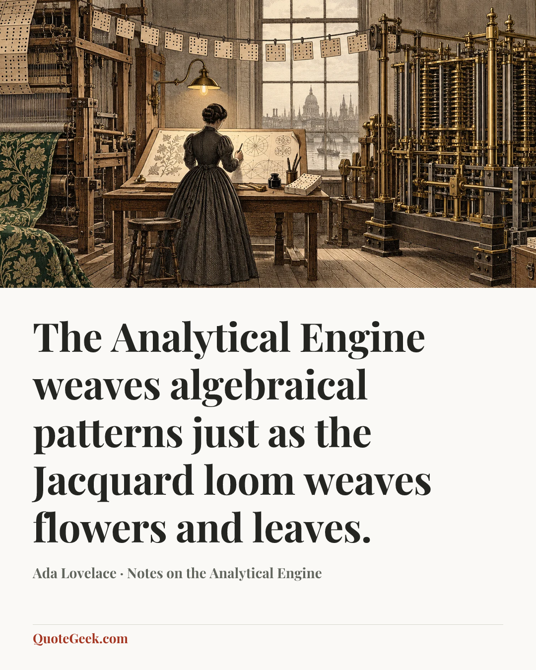 “The Analytical Engine weaves algebraical patterns just as the Jacquard loom weaves flowers and leaves.” — Ada Lovelace · Notes on the Analytical Engine. Illustrated QuoteGeek card.