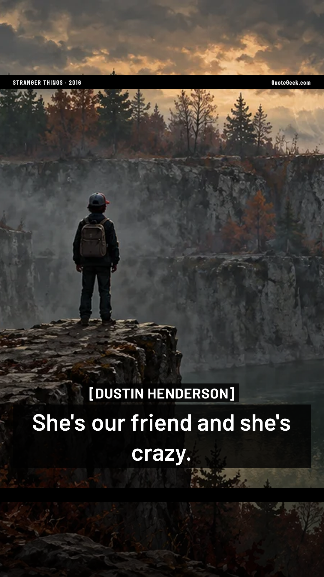 “She's our friend and she's crazy.” — Dustin Henderson · Stranger Things. Illustrated QuoteGeek card.
