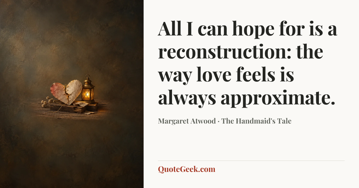 “All I can hope for is a reconstruction: the way love feels is always approximate.” — Margaret Atwood · The Handmaid's Tale. Illustrated QuoteGeek card.