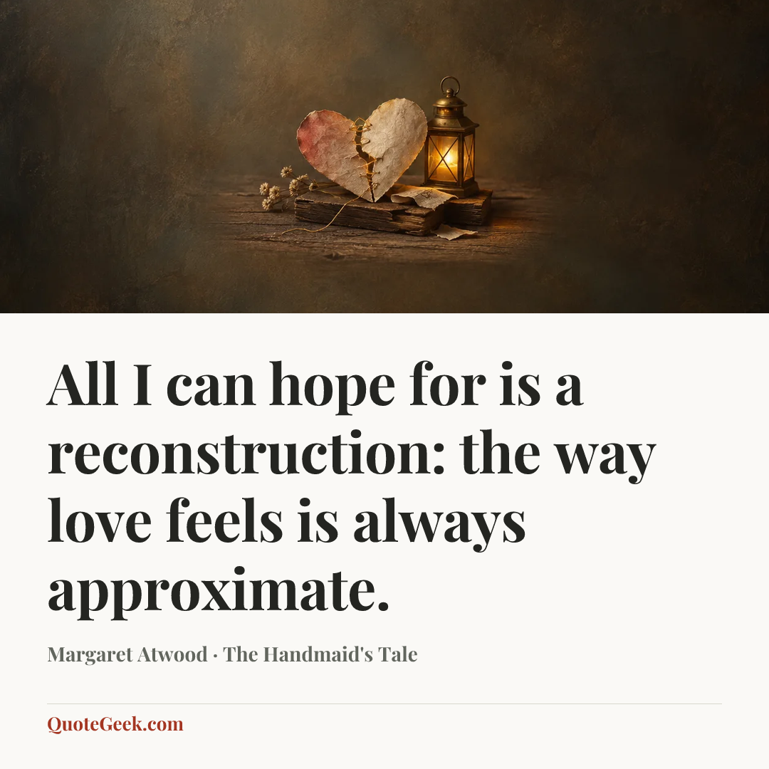 “All I can hope for is a reconstruction: the way love feels is always approximate.” — Margaret Atwood · The Handmaid's Tale. Illustrated QuoteGeek card.