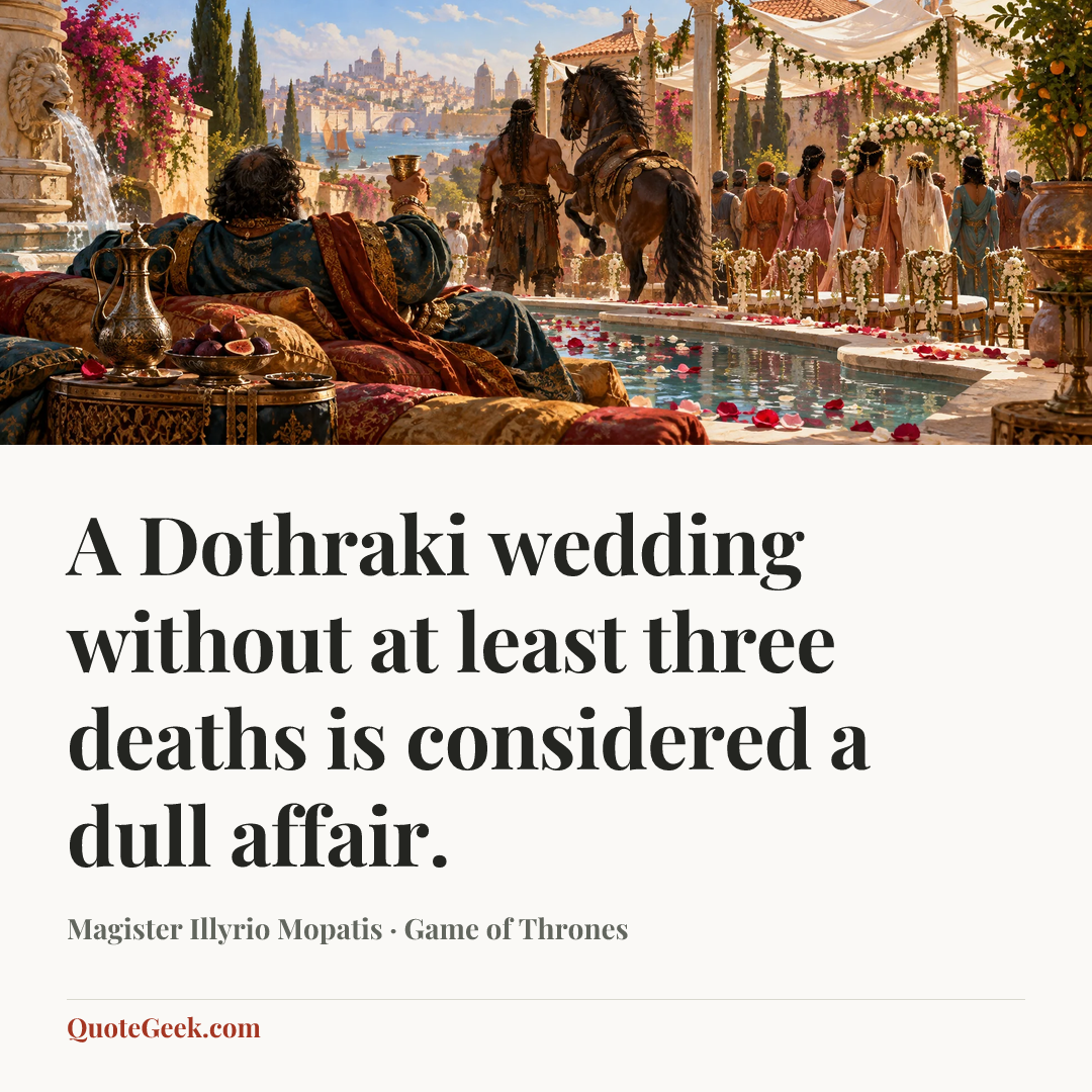 “A Dothraki wedding without at least three deaths is considered a dull affair.” — Magister Illyrio Mopatis · Game of Thrones. Illustrated QuoteGeek card.