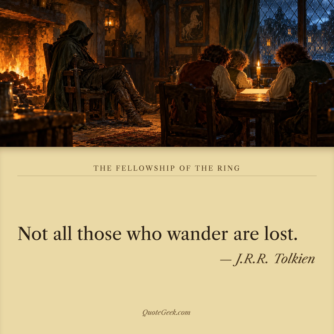 “Not all those who wander are lost.” — J.R.R. Tolkien · The Fellowship of the Ring. Illustrated QuoteGeek card.