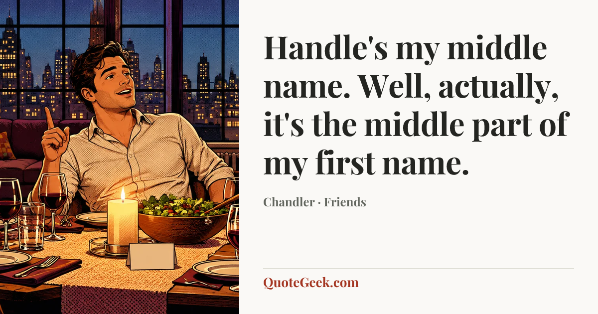“Handle's my middle name. Well, actually, it's the middle part of my first name.” — Chandler · Friends. Illustrated QuoteGeek card.