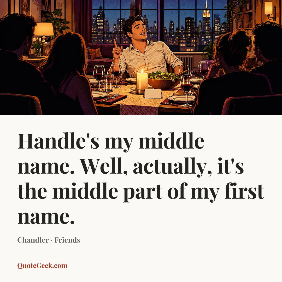 “Handle's my middle name. Well, actually, it's the middle part of my first name.” — Chandler · Friends. Illustrated QuoteGeek card.