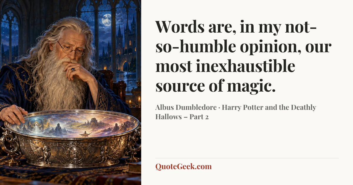 “Words are, in my not-so-humble opinion, our most inexhaustible source of magic.” — Albus Dumbledore · Harry Potter and the Deathly Hallows – Part 2. Illustrated QuoteGeek card.