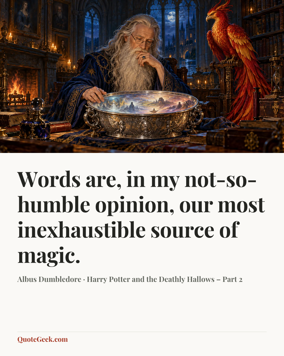 “Words are, in my not-so-humble opinion, our most inexhaustible source of magic.” — Albus Dumbledore · Harry Potter and the Deathly Hallows – Part 2. Illustrated QuoteGeek card.