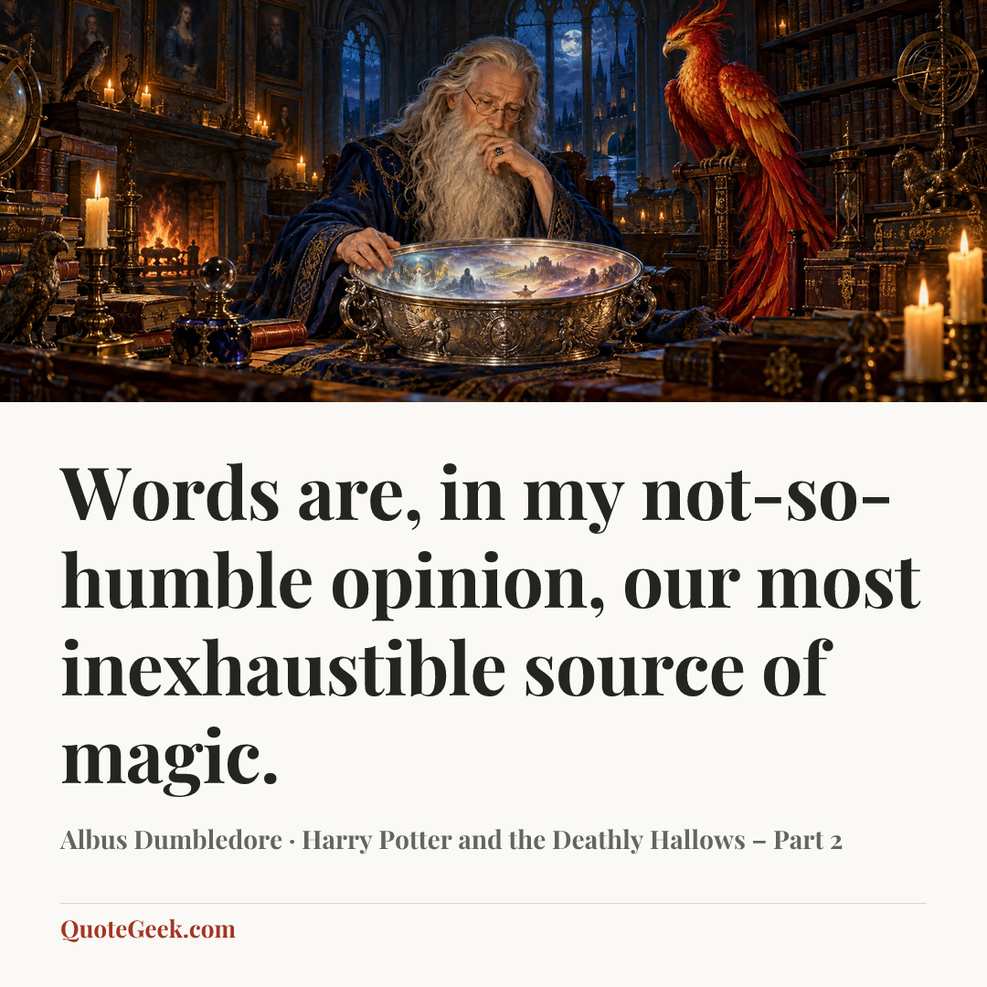 “Words are, in my not-so-humble opinion, our most inexhaustible source of magic.” — Albus Dumbledore · Harry Potter and the Deathly Hallows – Part 2. Illustrated QuoteGeek card.