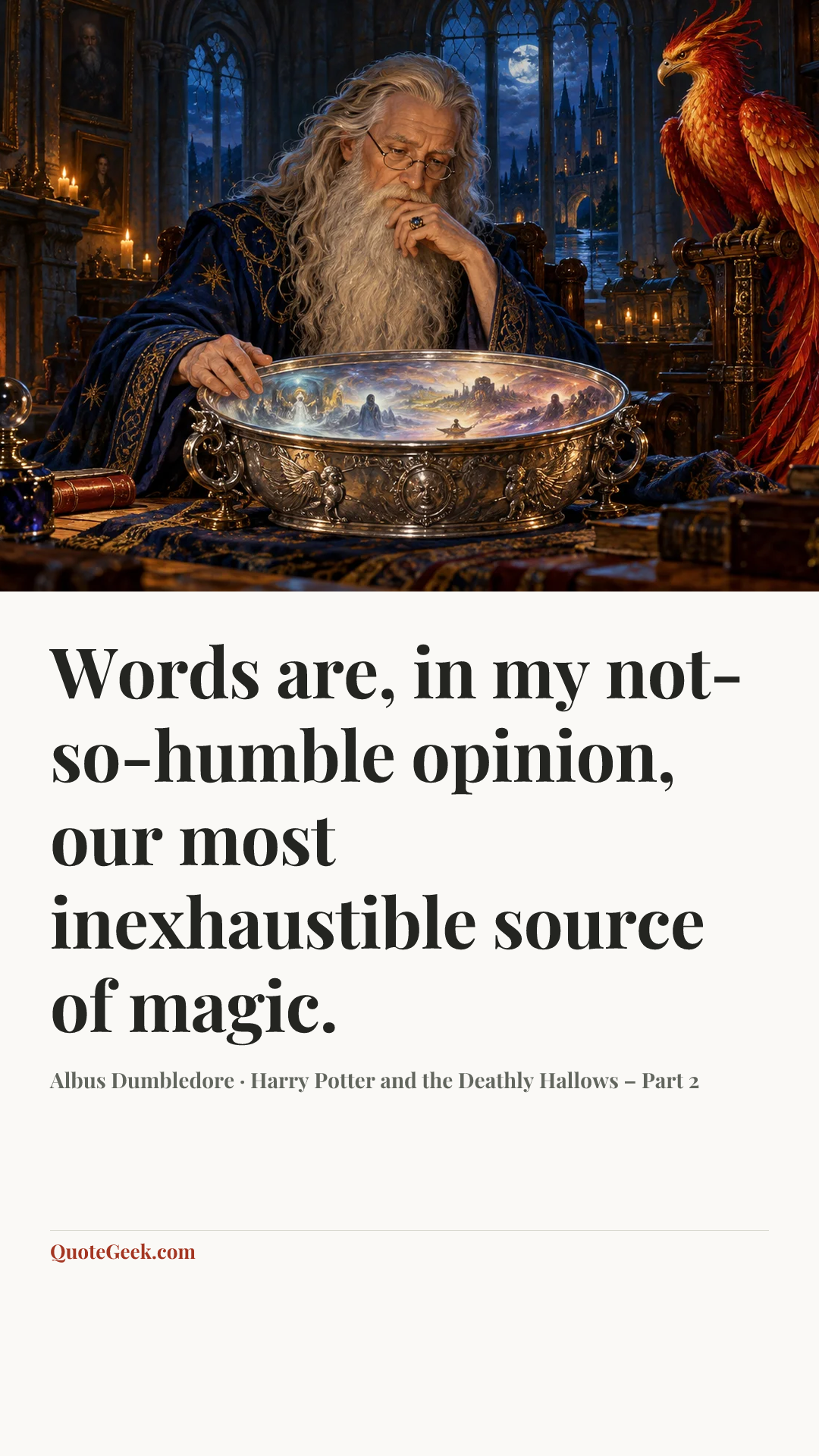“Words are, in my not-so-humble opinion, our most inexhaustible source of magic.” — Albus Dumbledore · Harry Potter and the Deathly Hallows – Part 2. Illustrated QuoteGeek card.