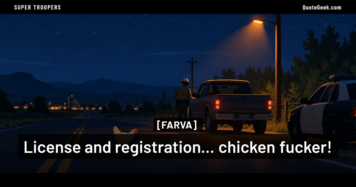 “License and registration... chicken fucker!” — Farva · Super Troopers. Illustrated QuoteGeek card.