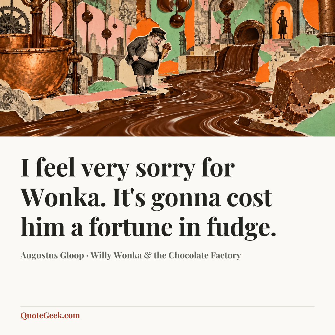 “I feel very sorry for Wonka. It's gonna cost him a fortune in fudge.” — Augustus Gloop · Willy Wonka & the Chocolate Factory. Illustrated QuoteGeek card.