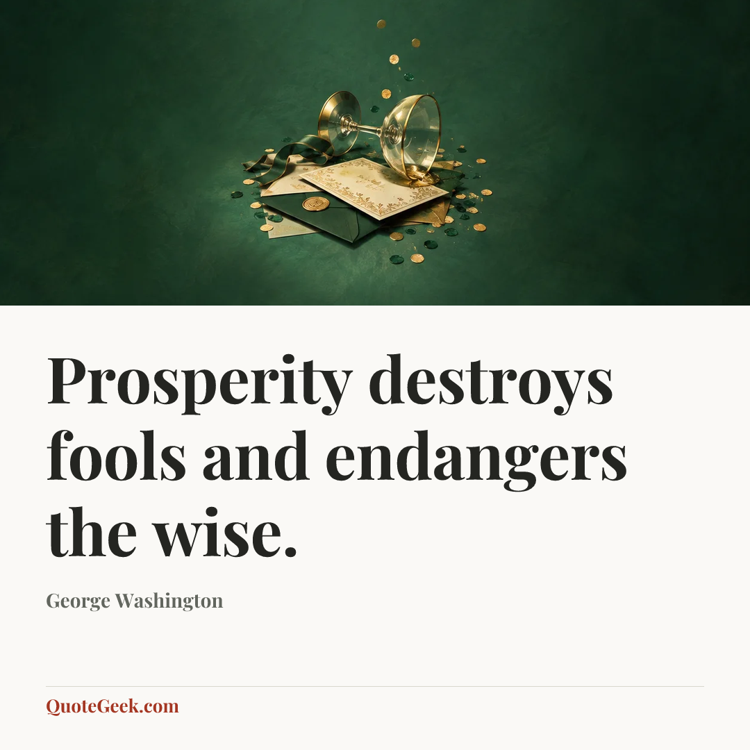 “Prosperity destroys fools and endangers the wise.” — George Washington. Illustrated QuoteGeek card.