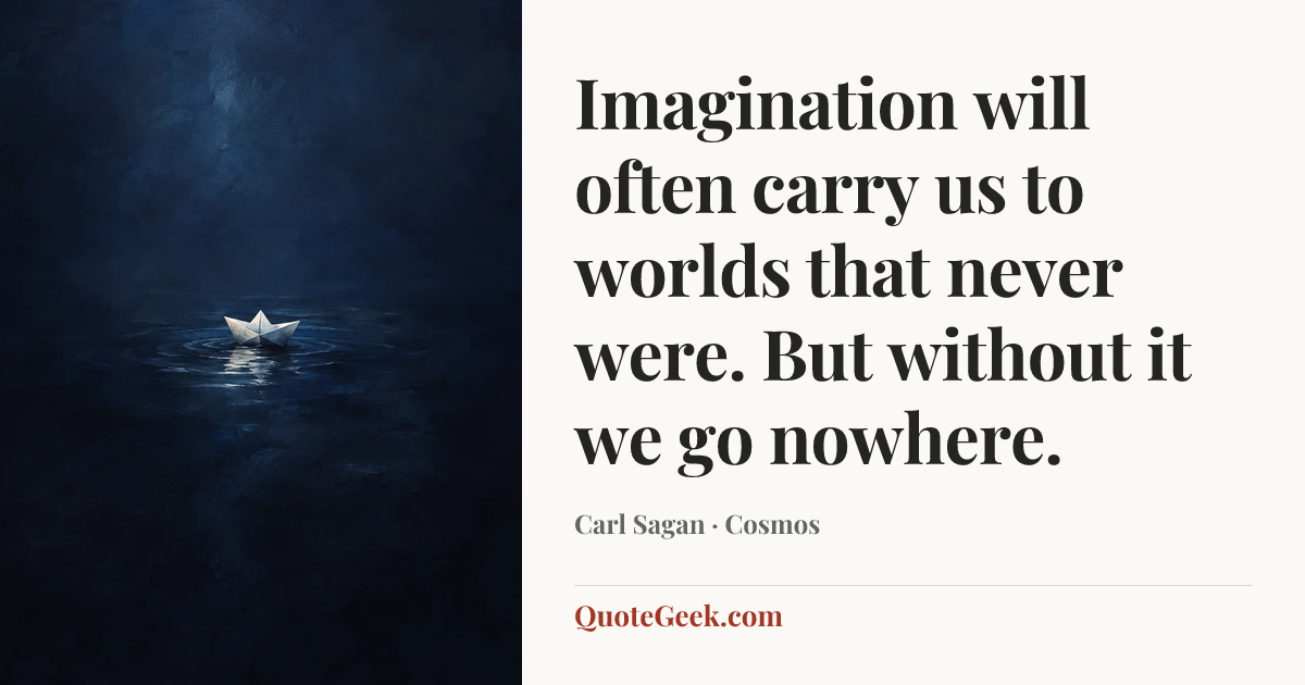 “Imagination will often carry us to worlds that never were. But without it we go nowhere.” — Carl Sagan · Cosmos. Illustrated QuoteGeek card.