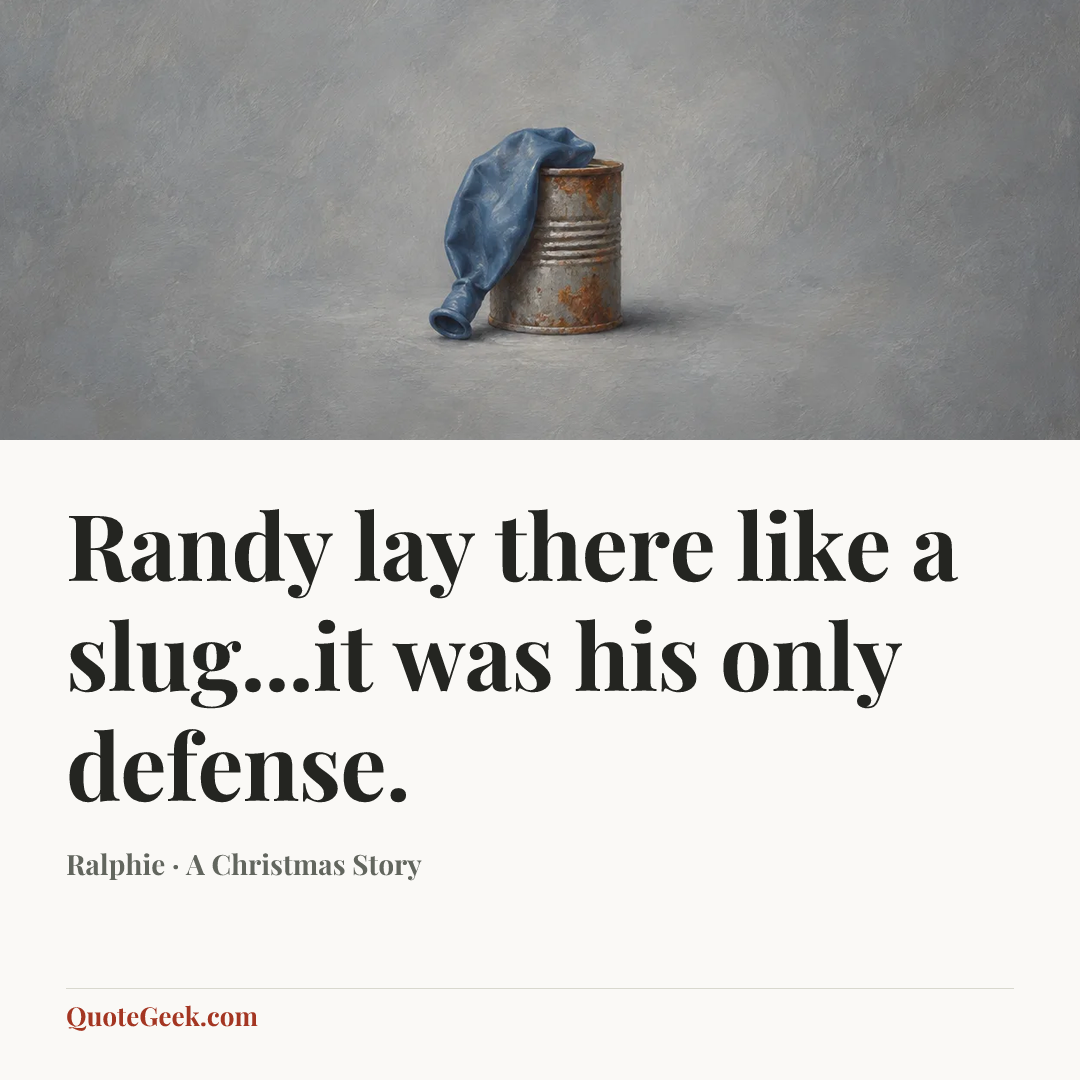 “Randy lay there like a slug...it was his only defense.” — Ralphie · A Christmas Story. Illustrated QuoteGeek card.