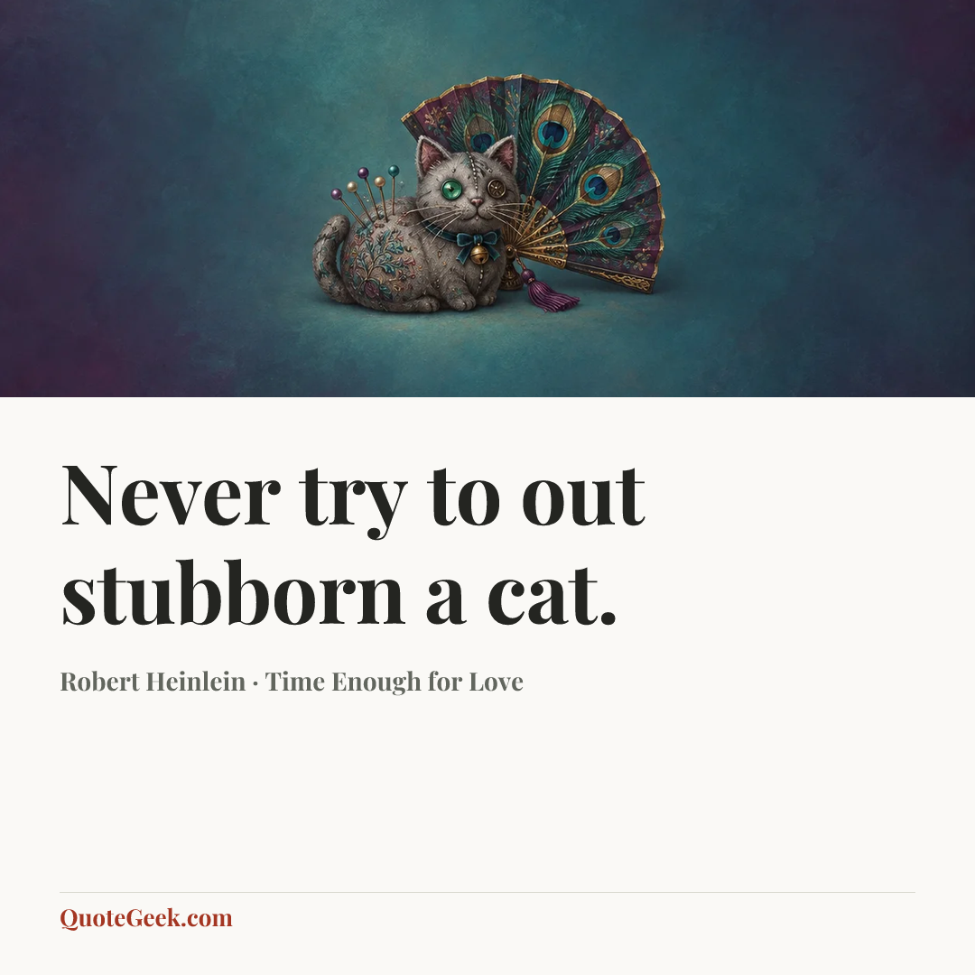 “Never try to out stubborn a cat.” — Robert Heinlein · Time Enough for Love. Illustrated QuoteGeek card.
