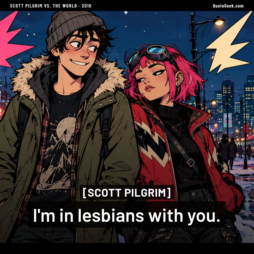 “I'm in lesbians with you.” — Scott Pilgrim · Scott Pilgrim vs. the World. Illustrated QuoteGeek card.