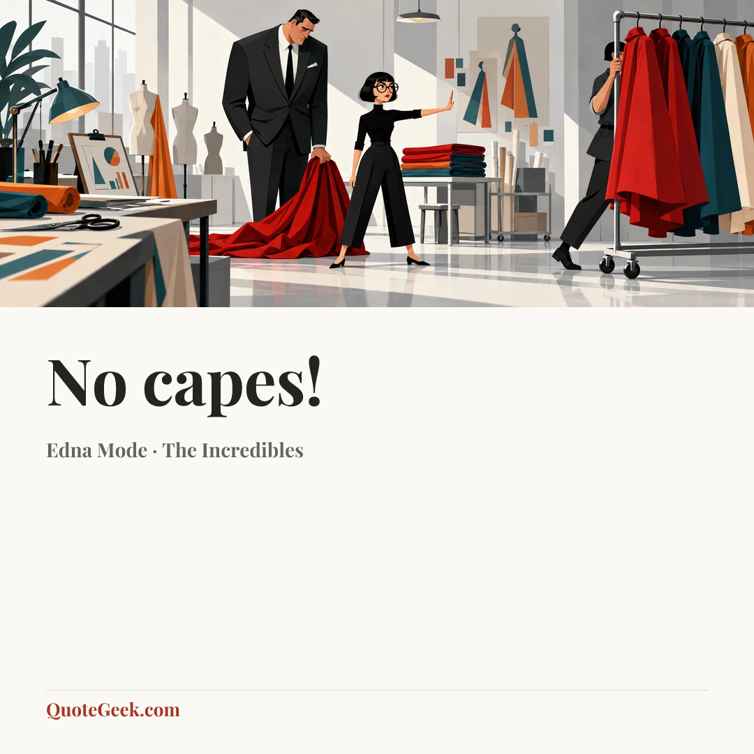 “No capes!” — Edna Mode · The Incredibles. Illustrated QuoteGeek card.