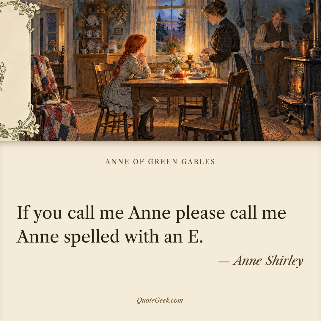 “If you call me Anne please call me Anne spelled with an E.” — Anne Shirley · Anne of Green Gables. Illustrated QuoteGeek card.