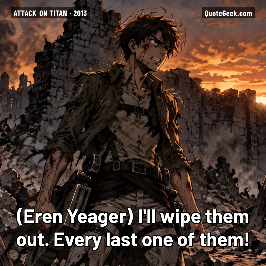 “I'll wipe them out. Every last one of them!” — Eren Yeager · Attack on Titan. Illustrated QuoteGeek card.