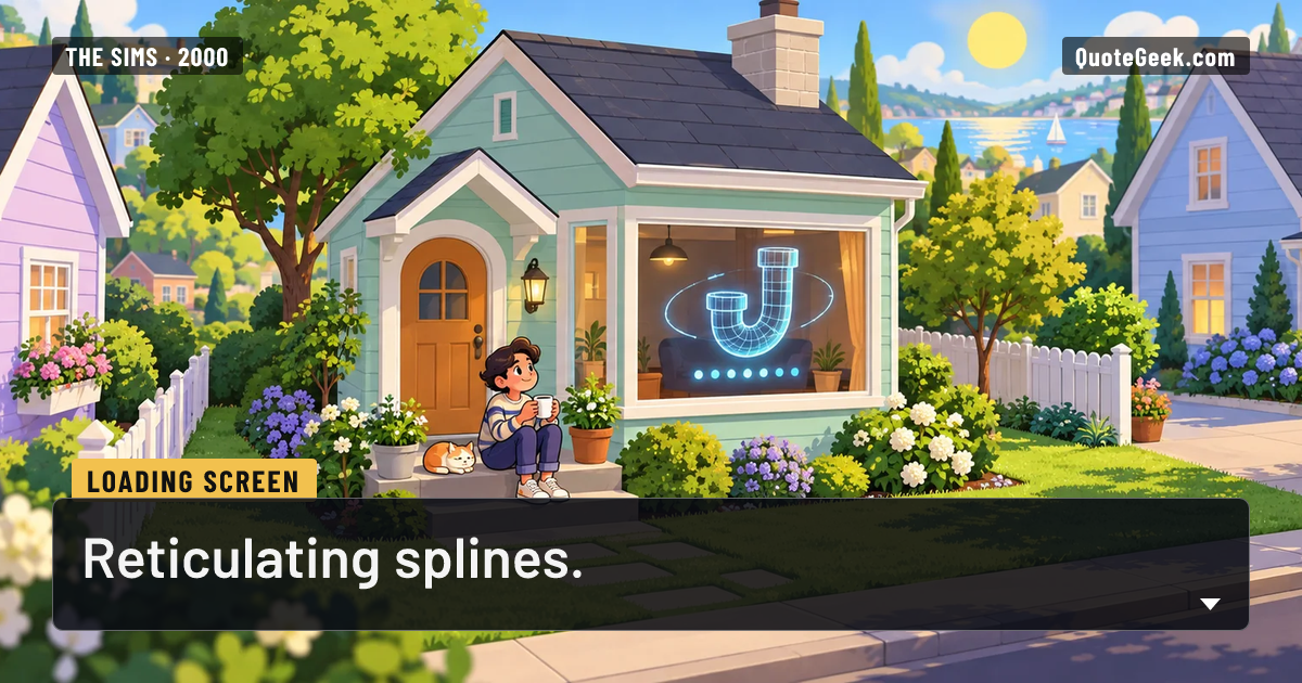 “Reticulating splines.” — Loading screen · The Sims. Illustrated QuoteGeek card.