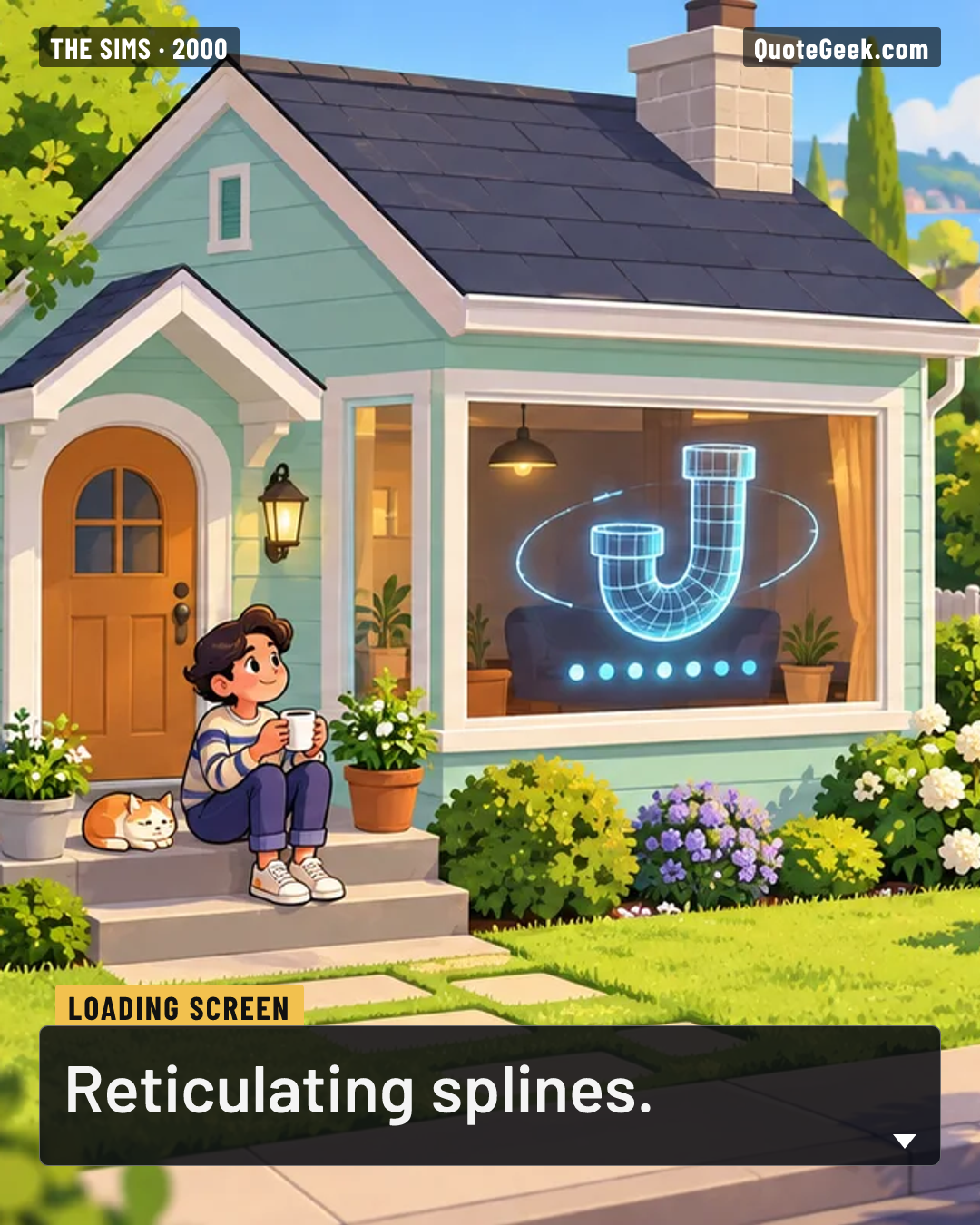 “Reticulating splines.” — Loading screen · The Sims. Illustrated QuoteGeek card.