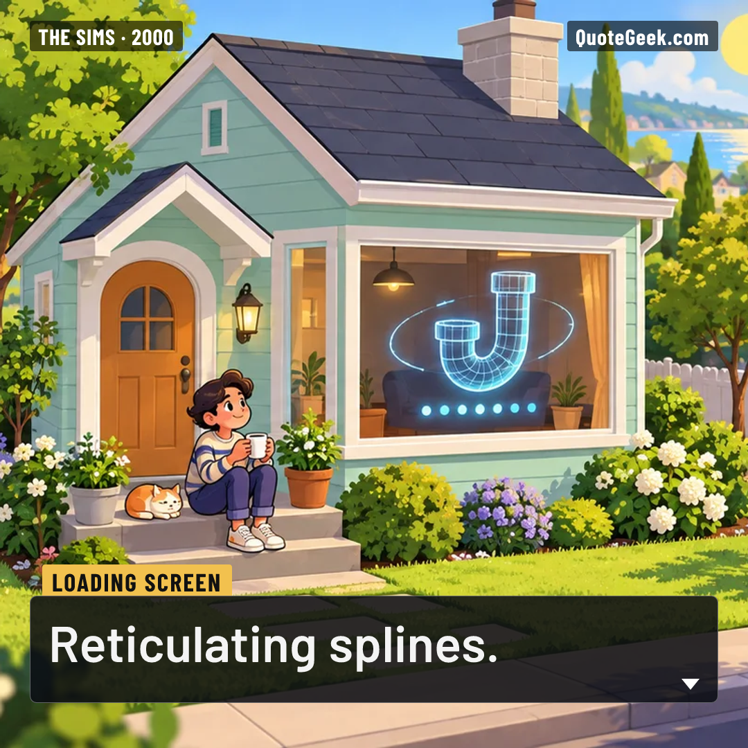 “Reticulating splines.” — Loading screen · The Sims. Illustrated QuoteGeek card.