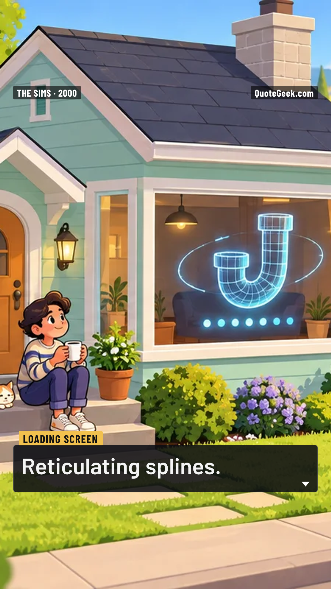 “Reticulating splines.” — Loading screen · The Sims. Illustrated QuoteGeek card.