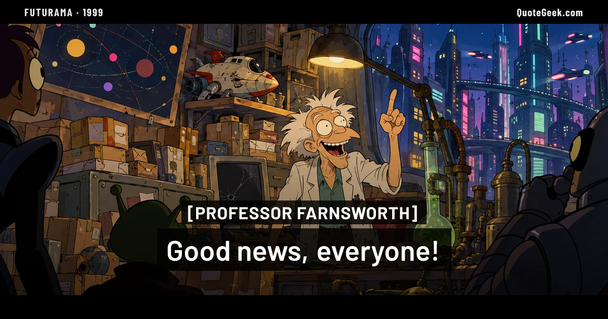 “Good news, everyone!” — Professor Farnsworth · Futurama. Illustrated QuoteGeek card.