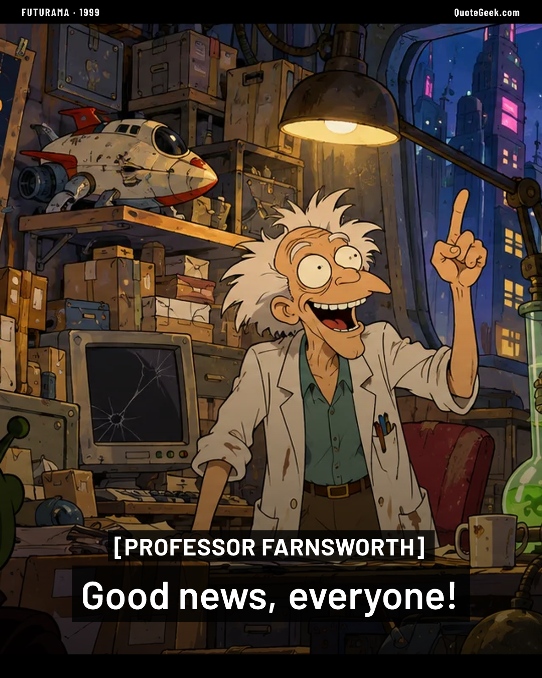 “Good news, everyone!” — Professor Farnsworth · Futurama. Illustrated QuoteGeek card.