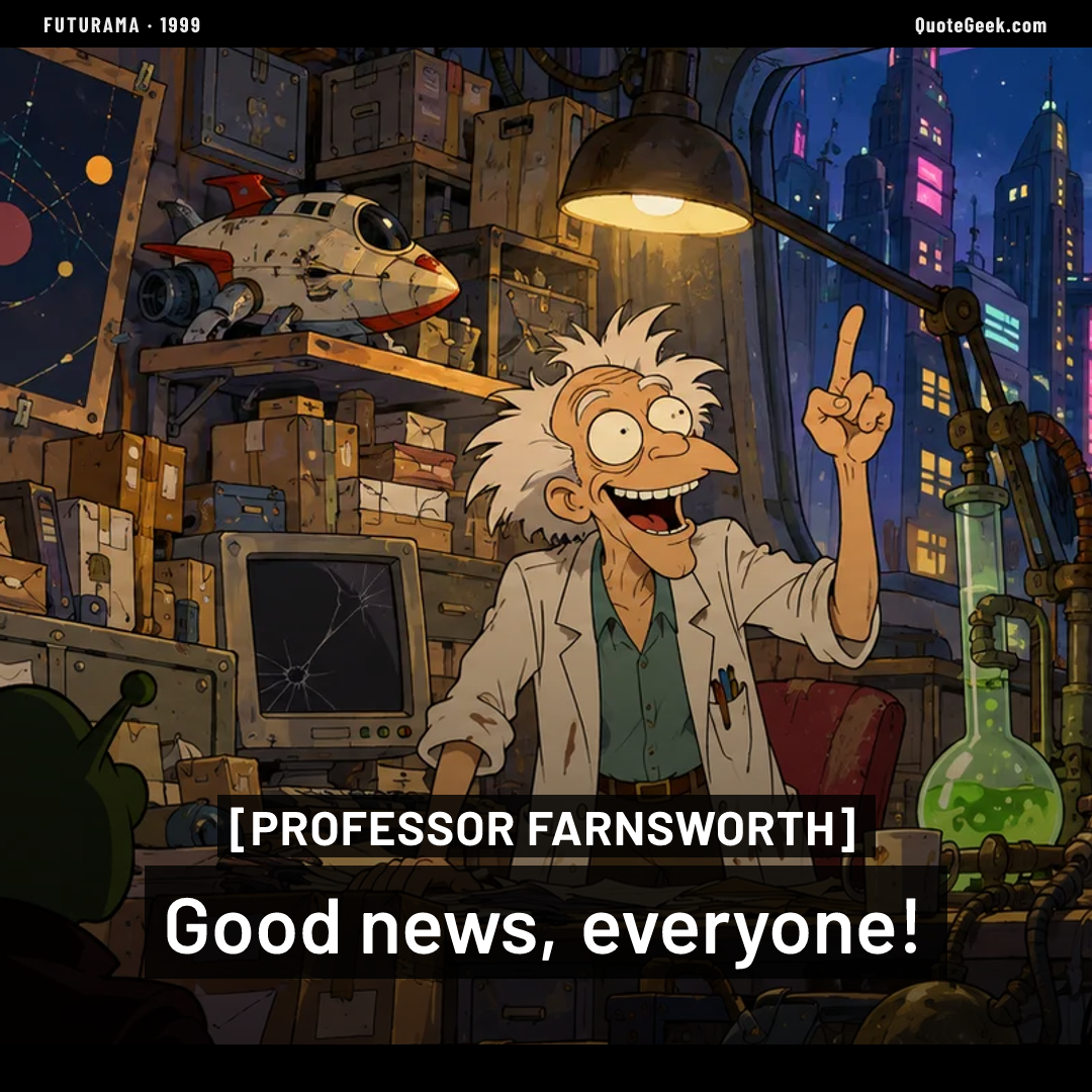 “Good news, everyone!” — Professor Farnsworth · Futurama. Illustrated QuoteGeek card.