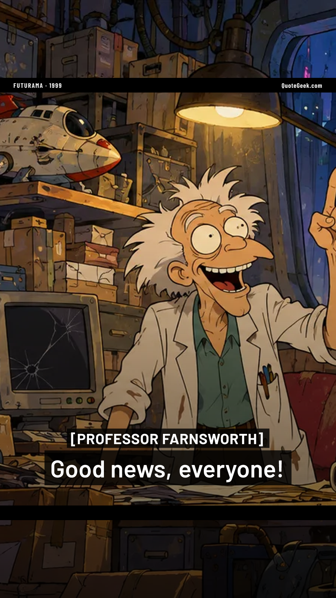 “Good news, everyone!” — Professor Farnsworth · Futurama. Illustrated QuoteGeek card.
