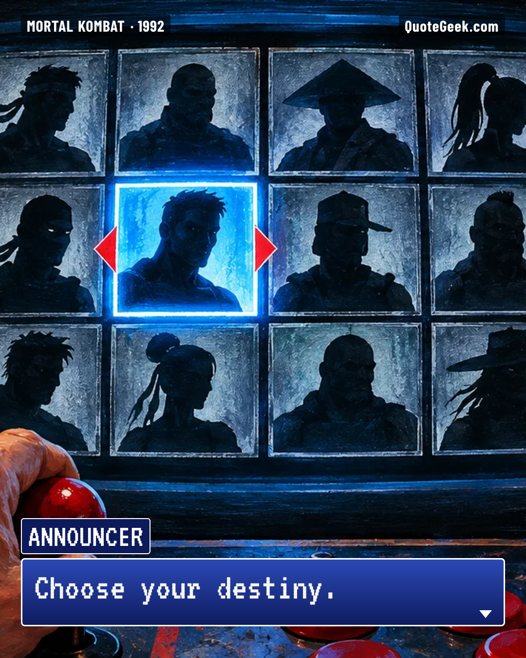 “Choose your destiny.” — Announcer · Mortal Kombat. Illustrated QuoteGeek card.