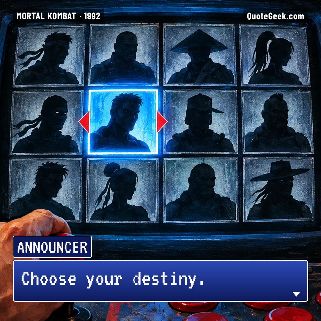 “Choose your destiny.” — Announcer · Mortal Kombat. Illustrated QuoteGeek card.