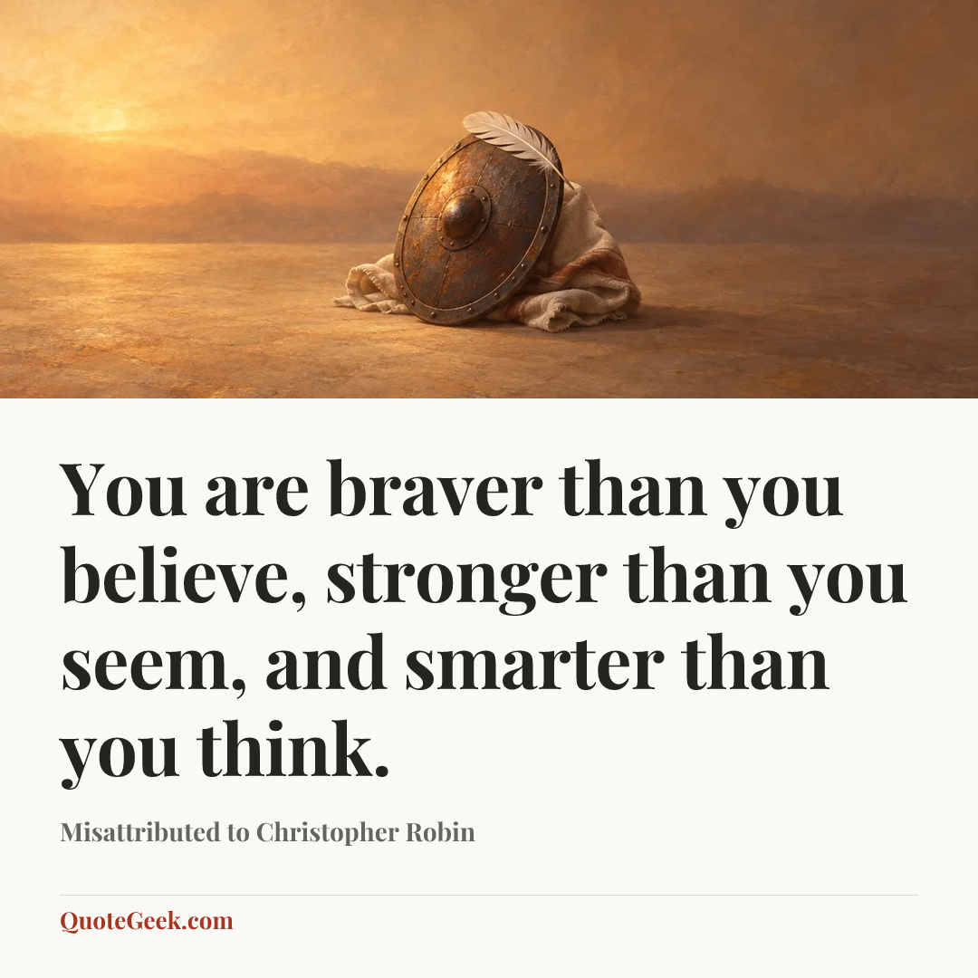 “You are braver than you believe, stronger than you seem, and smarter than you think.” — Misattributed to Christopher Robin. Illustrated QuoteGeek card.