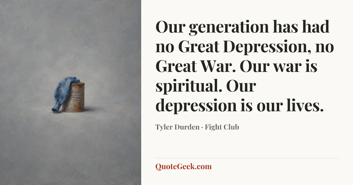“Our generation has had no Great Depression, no Great War. Our war is spiritual. Our depression is our lives.” — Tyler Durden · Fight Club. Illustrated QuoteGeek card.