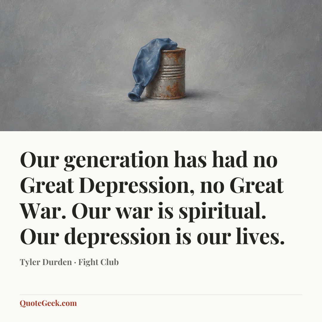 “Our generation has had no Great Depression, no Great War. Our war is spiritual. Our depression is our lives.” — Tyler Durden · Fight Club. Illustrated QuoteGeek card.