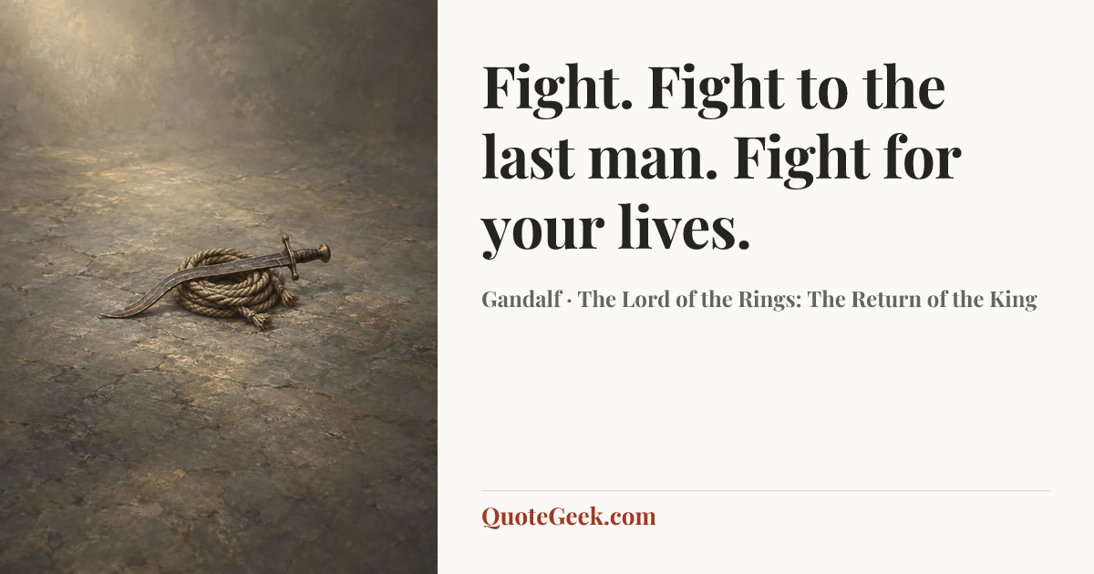 “Fight. Fight to the last man. Fight for your lives.” — Gandalf · The Lord of the Rings: The Return of the King. Illustrated QuoteGeek card.