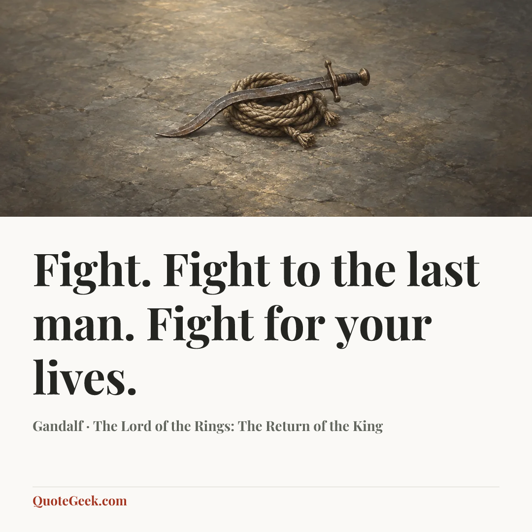 “Fight. Fight to the last man. Fight for your lives.” — Gandalf · The Lord of the Rings: The Return of the King. Illustrated QuoteGeek card.