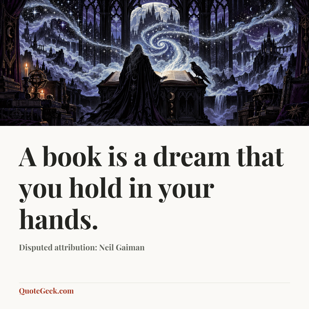 “A book is a dream that you hold in your hands.” — Disputed attribution: Neil Gaiman. Illustrated QuoteGeek card.