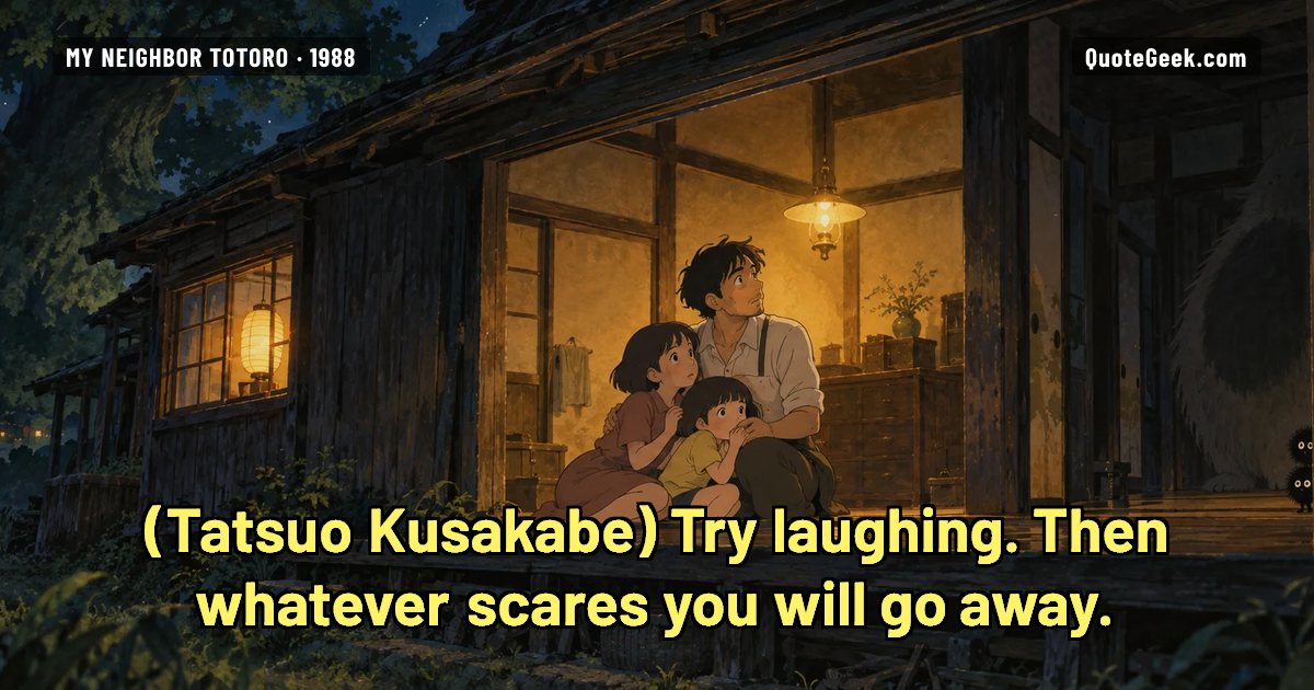 “Try laughing. Then whatever scares you will go away.” — Tatsuo Kusakabe · My Neighbor Totoro. Illustrated QuoteGeek card.