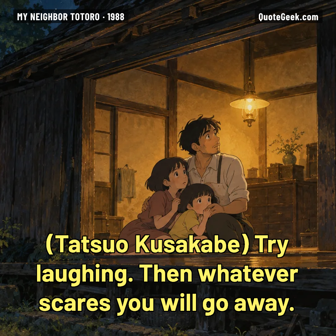 “Try laughing. Then whatever scares you will go away.” — Tatsuo Kusakabe · My Neighbor Totoro. Illustrated QuoteGeek card.