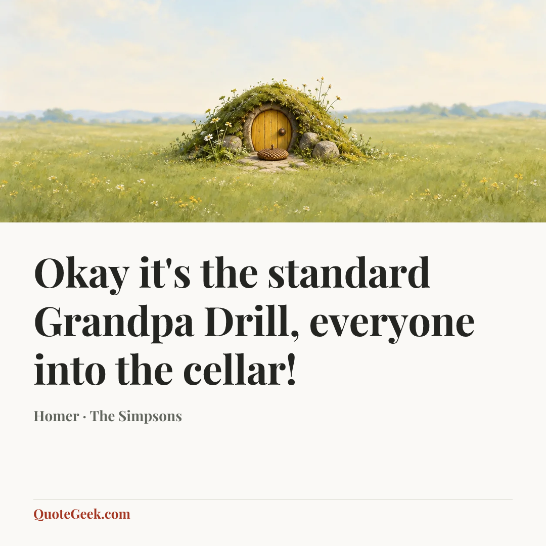 “Okay it's the standard Grandpa Drill, everyone into the cellar!” — Homer · The Simpsons. Illustrated QuoteGeek card.