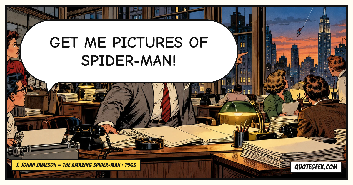 “Get me pictures of Spider-Man!” — J. Jonah Jameson · The Amazing Spider-Man. Illustrated QuoteGeek card.