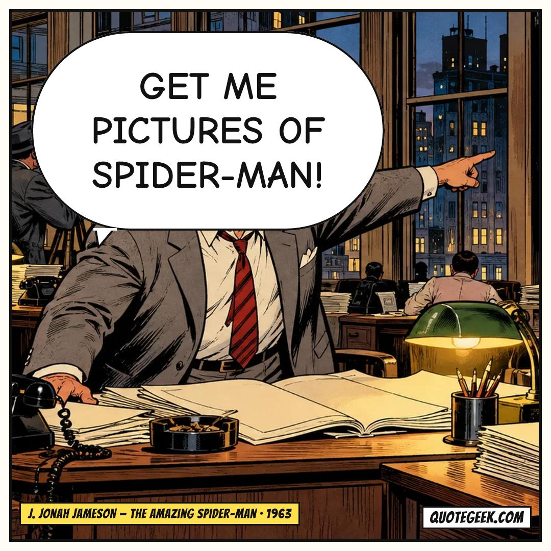 “Get me pictures of Spider-Man!” — J. Jonah Jameson · The Amazing Spider-Man. Illustrated QuoteGeek card.