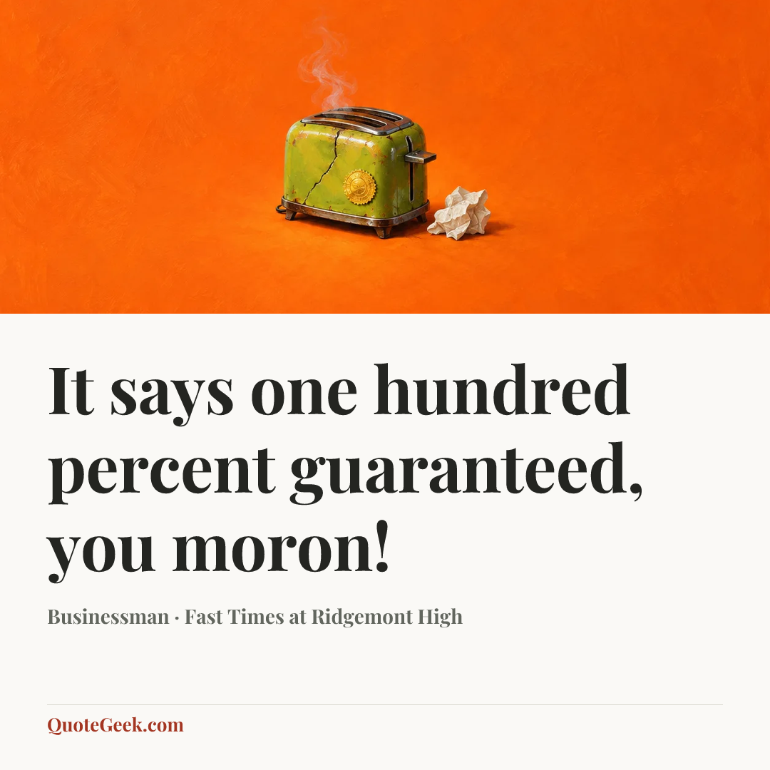 “It says one hundred percent guaranteed, you moron!” — Businessman · Fast Times at Ridgemont High. Illustrated QuoteGeek card.