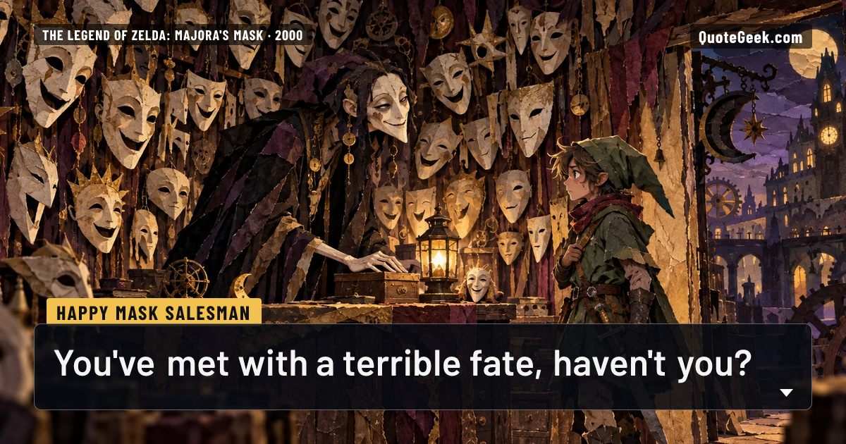 “You've met with a terrible fate, haven't you?” — Happy Mask Salesman · The Legend of Zelda: Majora's Mask. Illustrated QuoteGeek card.